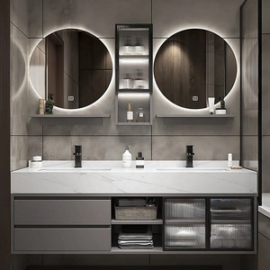 Meuble-lavabo de salle de bain <span class=keywords><strong>mural</strong></span> gris sur mesure avec plusieurs espaces de rangement, vasque intégrée en céramique et <span class=keywords><strong>miroir</strong></span> intelligent - Product Image 1
