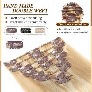 Extensioni di capelli umani biondi platino a doppia trama, lisce e setose, con clip, per donna - Product Image 5