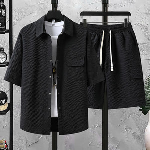 Soutien à la personnalisation d'un article <span class=keywords><strong>Ensemble</strong></span> de chemises à manches courtes de couleur unie à la mode décontractée d'été, <span class=keywords><strong>ensemble</strong></span> de chemises et de shorts deux pièces - Product Image 3