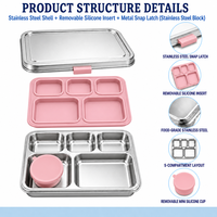 Boîte à lunch bento en acier inoxydable, 5 compartiments, anti-fuite, sans BPA, conteneur alimentaire de qualité alimentaire pour enfants et adultes, OEM personnalisé