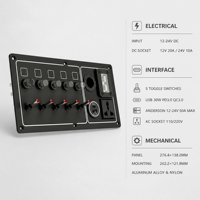 Panneau de commutation 5 voies 12V/24V avec fusibles, USB 30W PD3.0 QC3.0, voltmètre, prise DC, connecteur Anderson et prise AC DAMAVO