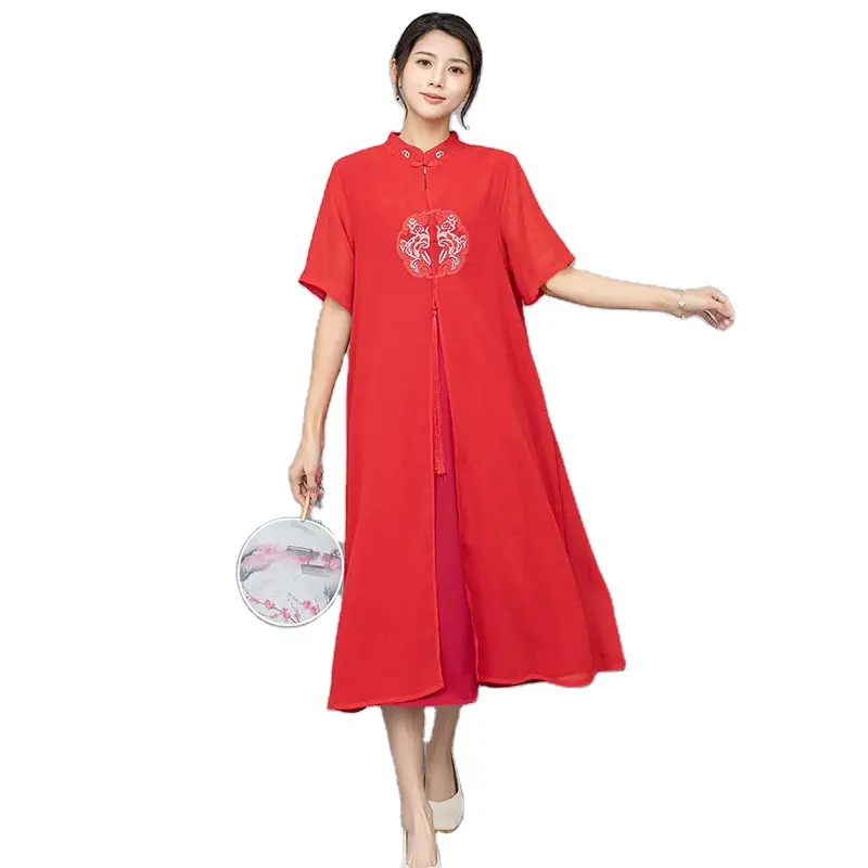 Nokta mal çin tarzı ulusal elbise yeni Hanfu kadın yaz elbisesi kısa kollu işlemeli çiçek dans elbise Tang takım