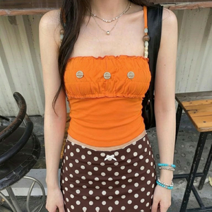 Summer Fresh Vitality Orange Beaded Ruched Design Low Cut Cami Top Beach Vacation Slim Fit Flattering Sleeveless Top - Product Image 6