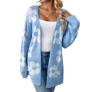 Fashion Casual Loose Contrast Color Flower V Neck Knit Cardigan Customized Mid Length Women's Sweater Coat