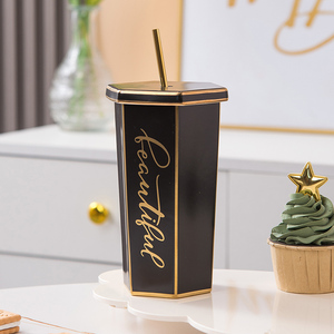 500ML <b>Large</b> Capacity Gold-Rimmed Ceramic Drink Cup Rhomboid Personalized <b>Mugs</b> With Ceramic Lid and Gold Straw - Product Image 3