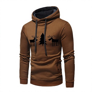 Sudadera con Capucha Marrón para Hombre con Estampado de Alce y Árbol, Corte Regular, Informal, de Algodón Tejido, Ecológica, para Invierno - Product Image 1