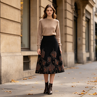 Jupe trapèze mi-longue taille haute décontractée en mélange de laine tricotée respirante à imprimé floral vintage français