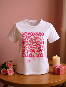 T-shirt da donna per San Valentino XOXO con stampa a cuore e fiocco, manica corta, girocollo, traspirante, casual, per la primavera e l'estate - Product Image 2