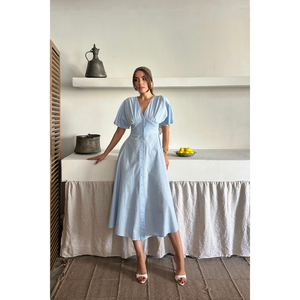 Robe en lin à col en V et boutons, bleu, taille S, robe midi décontractée - Product Image 4