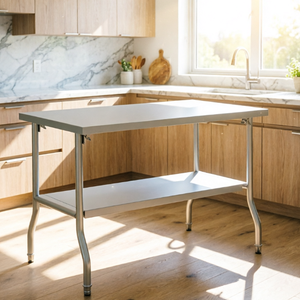 โต๊ะ<span class=keywords><strong>ทำงาน</strong></span>สแตนเลสพับได้สำหรับงานหนัก พร้อมชั้นวางสองชั้น สำหรับเตรียมอาหารในครัวร้านอาหารและงานจัดเลี้ยง - Product Image 2