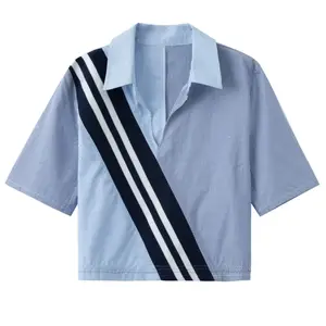 Gümrük giysileri için üreticileri koyu mavi ve açık mavi şerit pamuklu bluz moda önyargı kaburga eşleştirme ile bayan mini gömlek