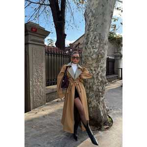 Manteau trench à col bicolore pour femme Penny Lane, tissu en laine, doublure en cachemire, décoration boutonnée, rembourrage en coton/laine, hiver automne - Product Image 1