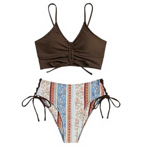 Ensemble bikini 2 pièces pour femmes, haut marron à col plongeant, bas rayé taille haute avec détail cordon de serrage, maillot de bain en spandex et polyester - Product Image 1