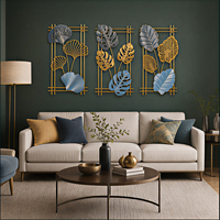 Décoration murale en métal à trois parties, feuilles tropicales, bleu et or, panneaux botaniques pour hall d'hôtel, restaurant, intérieurs modernes Art Déco