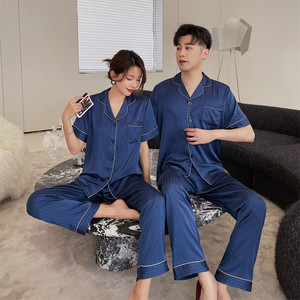 <span class=keywords><strong>Pigiama</strong></span> Estivo Tinta Unita per Coppie, Nuovo Completo da <span class=keywords><strong>Uomo</strong></span> a Maniche Corte con Cardigan, Elegante Camicia da Notte Jacquard Blu Royal Sexy per Donna - Product Image 5