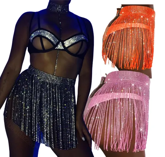 Glitter Rhinestone Long Tassel Skirts Crystal Diamonds Loose Adjustable Sexy Women Summer Beach Bikini skirts