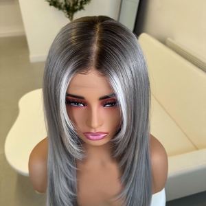 Peluca de Cabello Humano con Frente de Encaje, Color Gris Plateado con Reflejos en la Parte Delantera, Ondulado Natural, Cabello Remy Pre-Depilado, Nudos Pequeños, Liso, Transparente - Product Image 4