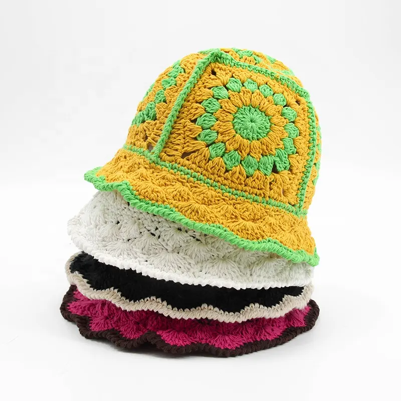 Thời Trang Hợp Thời Trang Tay Dệt Phụ Nữ Đi Du Lịch Tùy Chỉnh Hoa Đan Crochet Xô Hat Với Brim