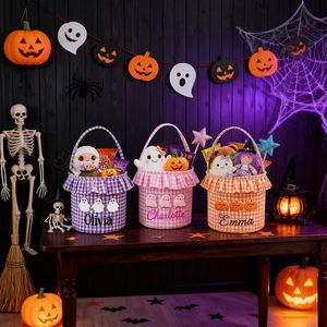Cestas <span class=keywords><strong>de</strong></span> Halloween Personalizadas con Volantes y Nombre, Bolsas <span class=keywords><strong>de</strong></span> Lona a Cuadros para Dulces, Cestas Bordadas con Diseño <span class=keywords><strong>de</strong></span> <span class=keywords><strong>Calabaza</strong></span> para Niños - Product Image 3
