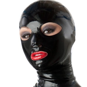 Máscara <span class=keywords><strong>de</strong></span> látex Fetish Hooded Látex natural Caucho negro Con capucha Ojos grandes abiertos Boca Sexy Headwear - Product Image 1