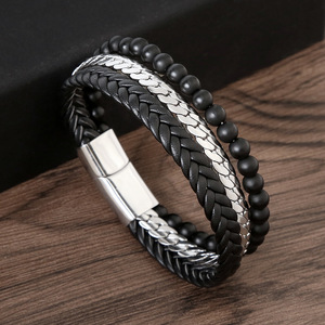 Braccialetto di perline di ossidiana in acciaio inossidabile ODM Pulsera de cuero per uomo bracciale in pelle intrecciata a mano in acciaio inossidabile per uomo - Product Image 6