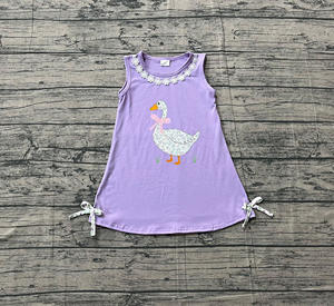 GSD2942 personalizado bebé niña verano transpirable hasta la rodilla púrpura floral pato lazos estampado vestido sin mangas al por mayor - Product Image 1