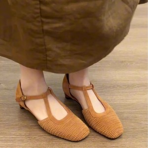 Retro Woven Mary Jane Flats Brown <b>Closed</b> <b>Toe</b> Chunky <b>Heel</b> Breathable Summer Wear Women's Shoes - Product Image 4