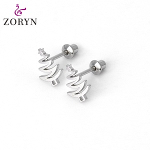 316L StainlessSteel Silver Plated Screw <b>Back</b> Stud <b>Earrings</b> Cutout Christmas Tree Star Hypoallergenic Tarnish Resistant Cartilage - Product Image 1