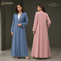 Abaya ouverte brodée, col en V, à un bouton, coupe trapèze, bleu poussière, sur mesure, OEM ODM, usine