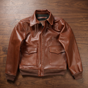 Chaqueta Bomber de Cuero Genuino Marrón para Hombre, Cuello Camisero, Cierre de Cremallera, Bolsillos, Ropa de Otoño - Product Image 2