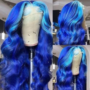Peluca <span class=keywords><strong>de</strong></span> <span class=keywords><strong>cabello</strong></span> peruano ombré, pelo ombré negro y azul, cuerpo ondulado, pavo real, raya azul marino, estilo resaltado, encaje frontal - Product Image 2