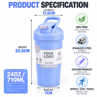 Gourde isotherme shaker en acier inoxydable sans BPA, mélangeur de protéines isolé pour la salle de sport, les activités de plein air et les voyages, 24 oz