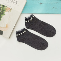 5 paires de chaussettes brillantes en coton dentelle pour femmes, chaussettes de couleur unie avec perles, à la mode, de couleur unie, pour dames