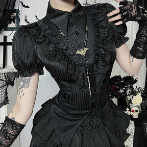 Kemeja Sweet Lolita Wanita Vintage Gothic Hitam Putih Jacquard Blus Lengan Pendek Elegan Atasan Kantor Wanita Y2k - Product Image 2