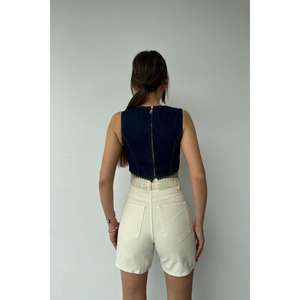 Top Corto Azul sin Mangas para Mujer, Blusa Informal de Sarga para Uso Diario con Seis Cadenas - Product Image 1