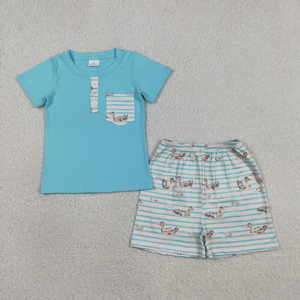 Nouvel ensemble de vêtements pour garçons, short bleu à manches courtes avec poche et short rayé à motif canard, ensemble de vêtements pour enfants en deux pièces - Product Image 2