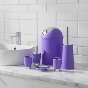 Ensemble d'accessoires de salle de bain CJYS2415948, 6 pièces, violet, moderne, en plastique, distributeur de savon, porte-brosse à dents, poubelle, porte-savon, brosse - Product Image 2