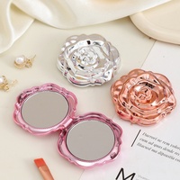 Cermin Rias Lipat Genggam Mini Dua Sisi Rose Folding, Cermin Makeup ABS Tahan Lama Berkualitas Tinggi