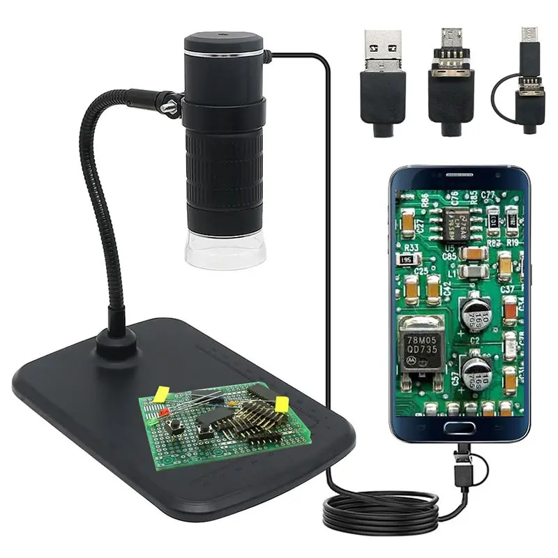 Mikroskop Digital USB 1000X 3 IN 1, Mikroskop Elektron PC Android Tipe C Mendukung 8 Lampu LED Yang Dapat Disesuaikan