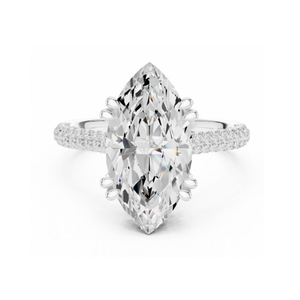 Anillo de compromiso con corte marquesa en oro amarillo, banda de diamantes pavé de varias filas, doble halo oculto, elegante joya nupcial. - Product Image 3