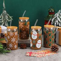 Mug à café/bière en verre de 16 oz avec logo de Noël vert personnalisé par le fabricant, avec couvercle en bambou et paille, idéal pour les cadeaux d'affaires