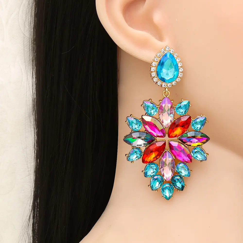 New Arrival Glamour Fashion Large Statement Long Rhinestone Drop Earrings Jewellery Women