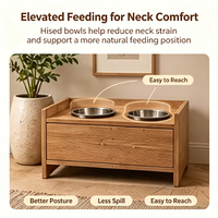 Station d'alimentation surélevée pour chat en bois avec double gamelle en acier inoxydable, tiroir de rangement multi-scénarios pour humain et animal, mangeoire pour chat