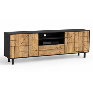 Solid Mango Wood TV <b>Media</b> Cabinet with Dual Finish, Storage Doors & Open <b>Shelf</b> | Modern Wooden Entertainment Unit - Product Image 2