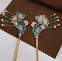 Épingle à cheveux à pompon en alliage de haute qualité, finition bleu brûlé, bijou antique pour Hanfu, Cheongsam, style rétro, pour la rentrée scolaire, mariage, nouvel an