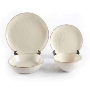 European nordic crockery bowls plates sets dinnerware sets for 6 people stoneware embossed reactive glaze brown rim ceramic