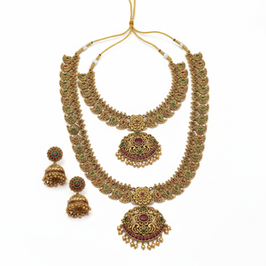 Traditional South Indian Temple Long Bridal Necklace <b>Set</b> Alloy Gold Plated Zircon Earrings Ring Bracelet Vintage Engagement - Product Image 2
