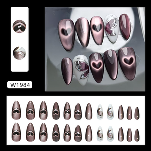 Faux ongles à presser en amande, <span class=keywords><strong>violet</strong></span> <span class=keywords><strong>foncé</strong></span>, effet œil de chat, cœur creux, papillon, strass, réutilisables, pour manucure DIY - Product Image 4