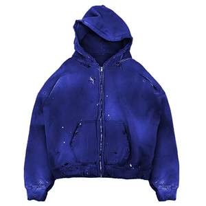 Sweat à capuche zippé pour homme, coupe oversize, couleur unie, effet délavé numérique, tricoté, 100% coton, longueur standard, style vintage streetwear - Product Image 5