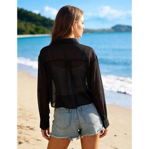 Blusa corta de chifón transparente de manga larga con botones para mujer, top informal con cuello en V y corte holgado para playa - Product Image 2